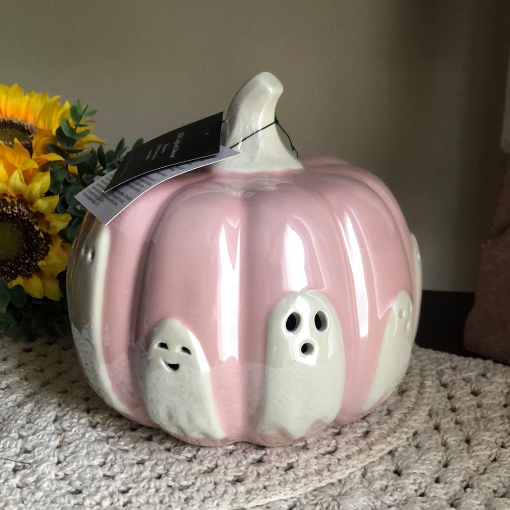 Ceramic LED Lighted Pink Pumpkin with Ghost Accents